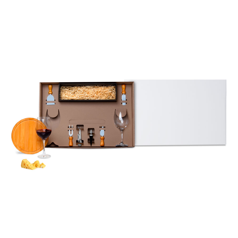 Kit Queijo E Vinho Com Espaço Para Garrafa - 9 Pçs